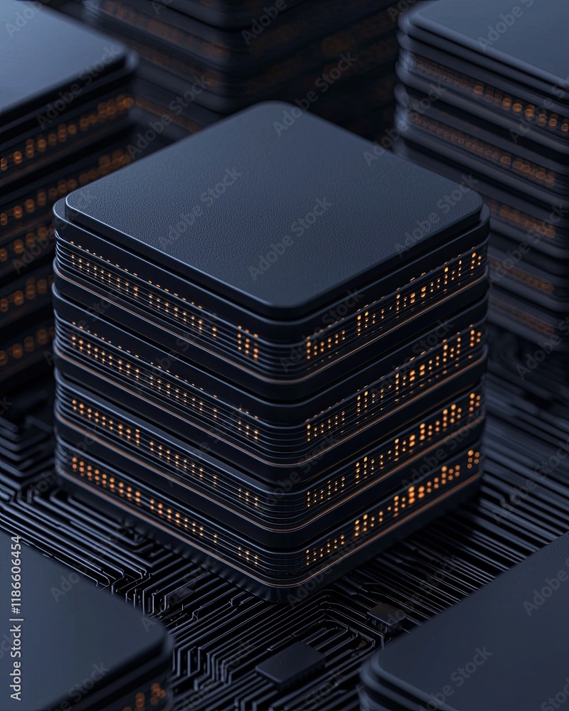 Poster stacked black microchips with illuminated edges, set against a circuit board background, showcasing 