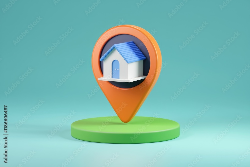 Poster 3D rendered image of a house icon on a map marker, symbolizing location and property.