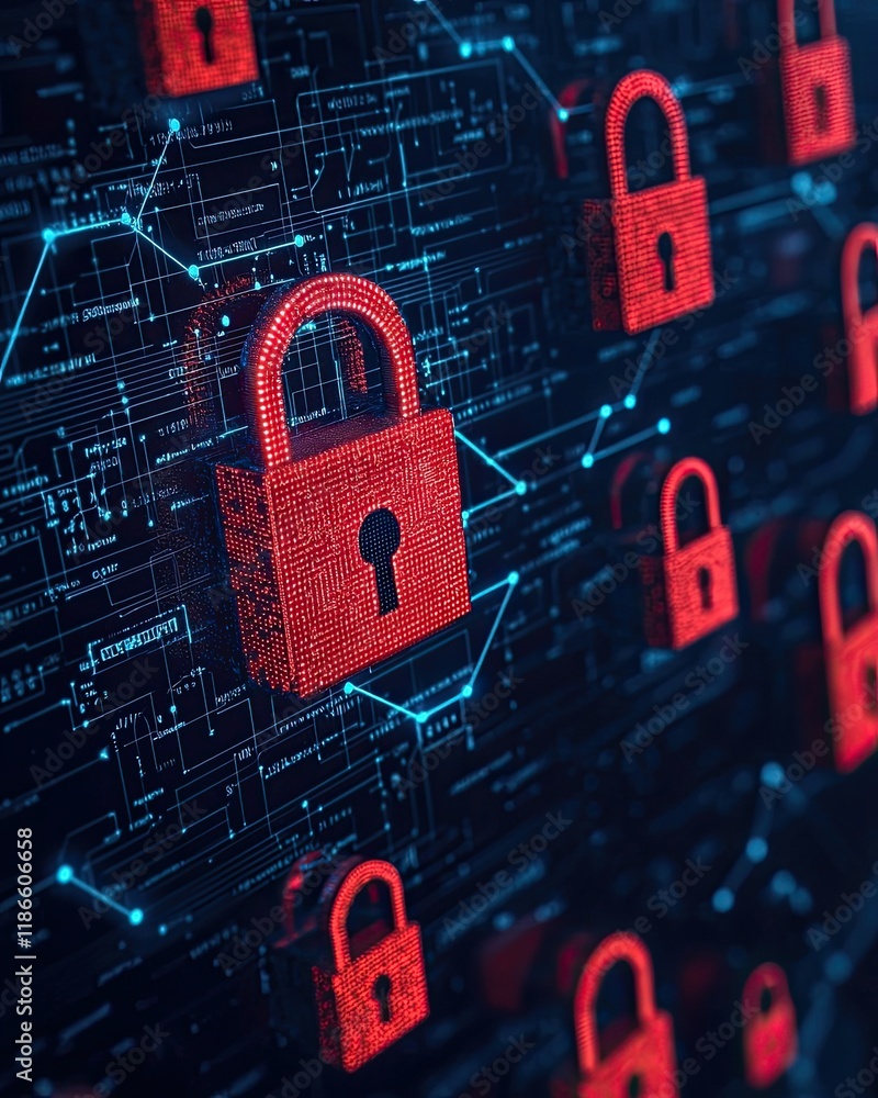 Poster digital locks in red against a dark, high-tech background symbolize cybersecurity and data protectio