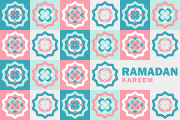 Ramadan Kareem banner with colorful Islamic geometric floral pattern (arabesque, tiles, mosaic) in teal, white, pink pastel colors. Eid Mubarak elegant wide greeting card with symmetrical design.