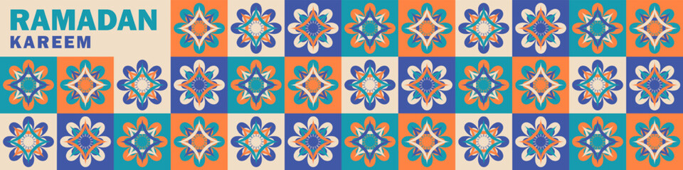 Eid Mubarak panoramic banner with colorful geometric floral Arabic arabesque pattern in teal, white, orange, blue with bold RAMADAN KAREEM text. Trendy Islamic header with a modern, festive aesthetic