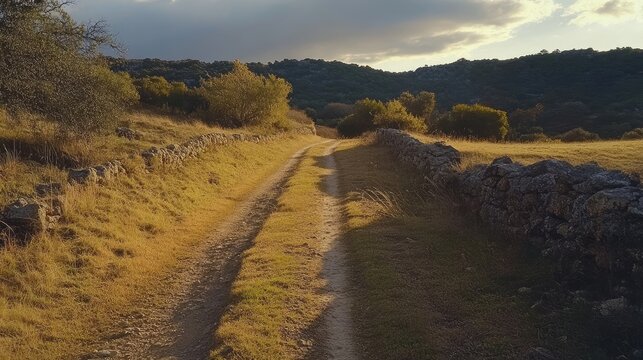 Serene rural pathway surrounded by lush nature and dry grass under a dramatic sky at sunset