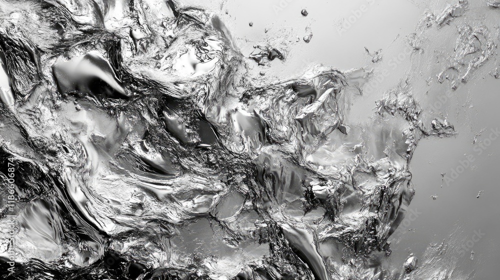 Poster silver metallic abstract texture with fluid shapes and reflections for use in modern design and arti