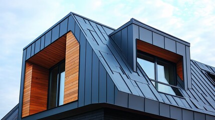 Modern Architectural Detail: Striking Wood Accents on a Dark Metal Roof