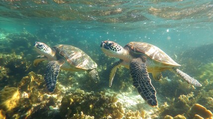 Fototapeta premium Two sea turtles gracefully swimming above a colorful coral reef illuminated by sunlight in crystal clear ocean waters