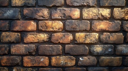 Naklejka premium Close-up of old, textured brick wall with varying shades of brown and orange bricks, showing natural wear and sunlight.