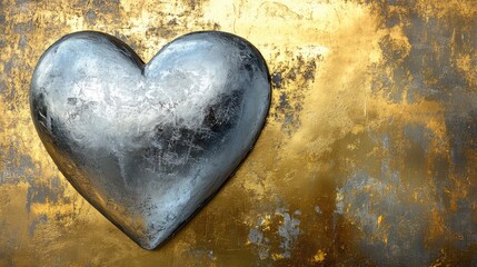 Obraz premium Metallic silver heart on a textured gold background symbolizing love and luxury in a striking artistic representation.