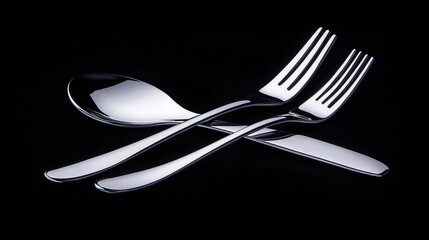 Elegant silverware set featuring a fork, knife, and spoon crossed on a dark background showcasing modern flatware design.