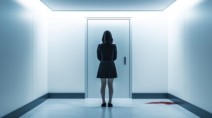 A Woman Standing in Front of a White Door With Blood on the Floor - Generative AI