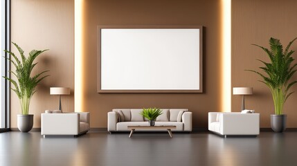 Obraz premium A beautifully designed living room with a mockup frame hanging on the wall, framed by contemporary elements and plush seating