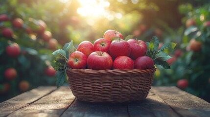 A wicker basket overflowing with ripe red apples sits on a rustic wooden table in an orchard at sunset.