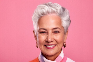 Stylish Elderly Person with Pink Background and Colorful Scarf