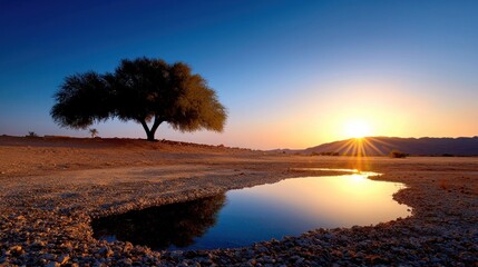 Obraz premium Serene Sunset Landscape with Tree and Reflection in Still Water Body