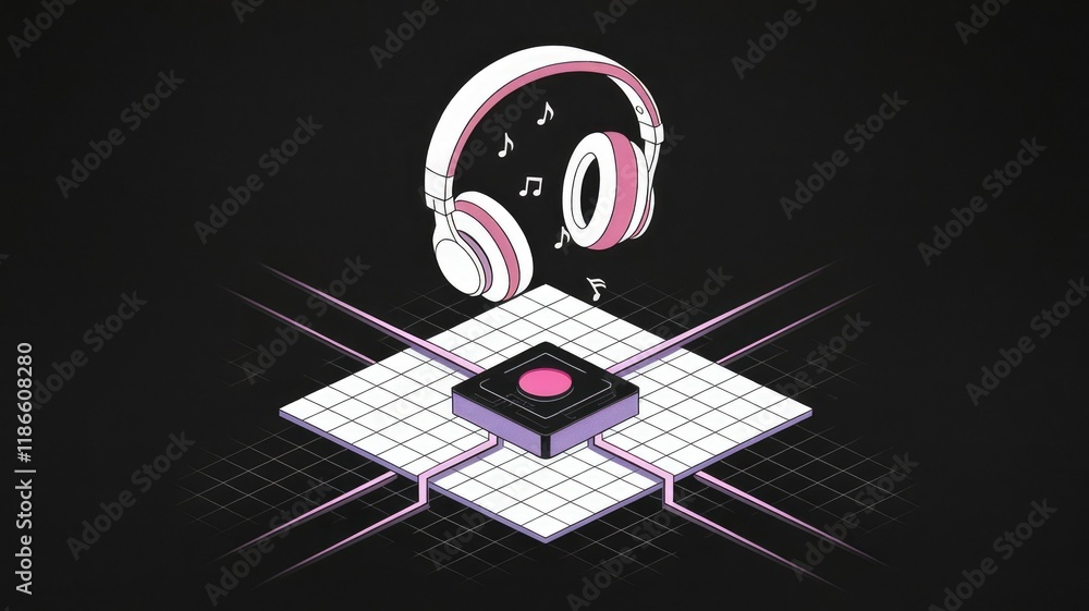 Poster headphones levitating above a gridded surface with a central button, symbolizing music streaming or 