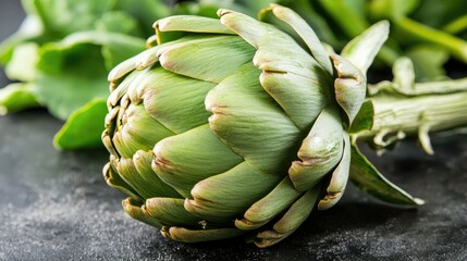 Artichoke close up with green leaves on a dark surface highlighting natural textures and colors in a fresh produce setting