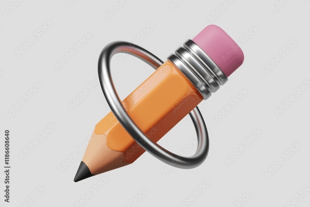 Aufkleber a 3d rendered image of an orange pencil rotating within a silver ring, symbolizing creativity and de