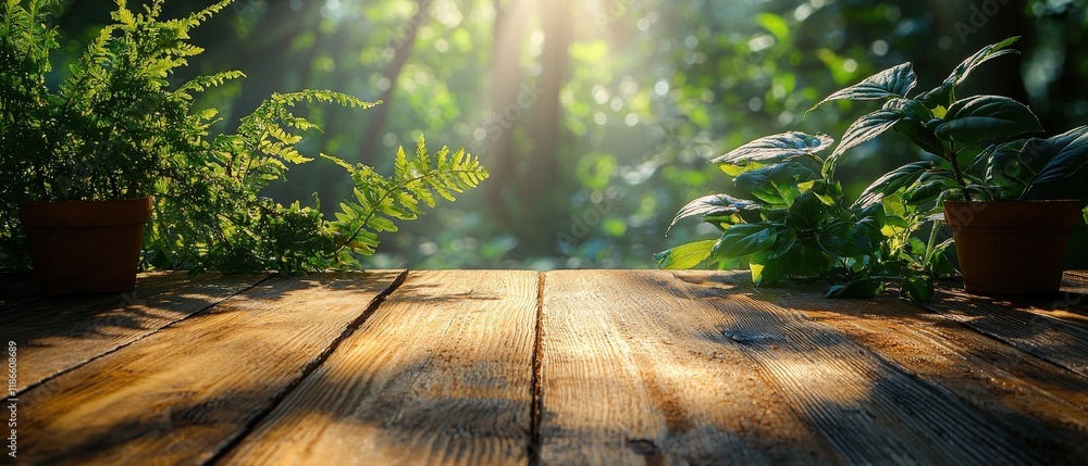 Poster sunlight streams through a lush green forest backdrop onto a rustic wooden table perfect for showcas
