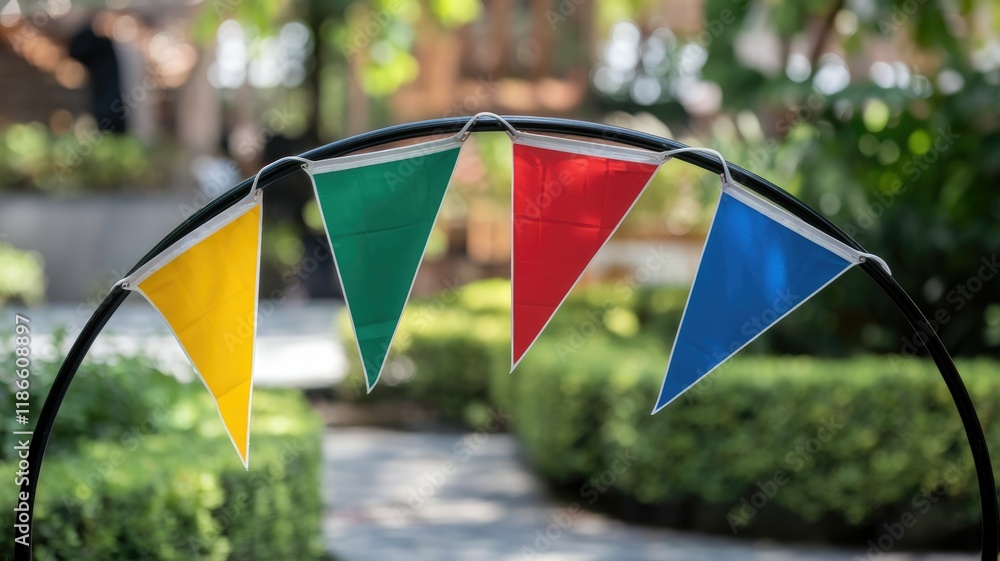Poster colorful triangular flags adorn a garden archway, creating a festive atmosphere.