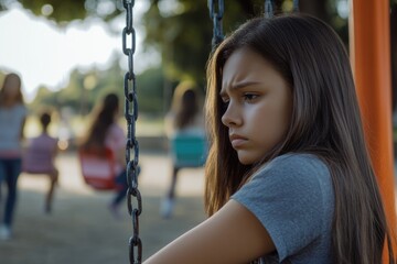 A young girl sits on a swing in a sunny park, with a carefree expression