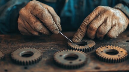 Skilled Hands Working on Gears in Rustic Workshop Environment