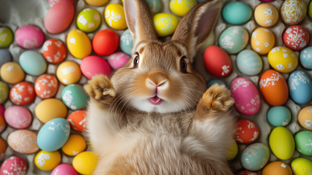 Top view of easter smiling funny bunny laying on back with a lof of colourfull eggs. Easter card