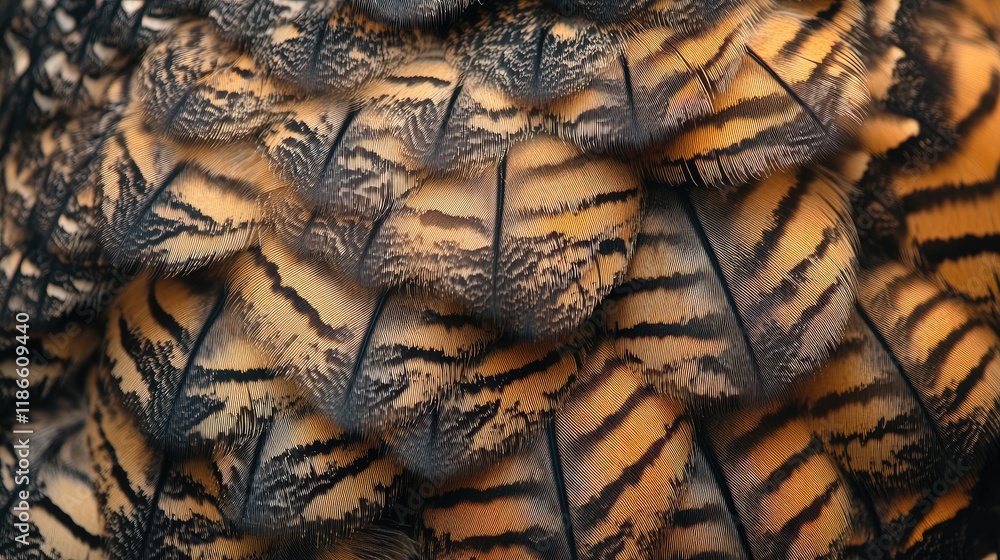 Poster detailed close-up seamless background of owl feathers showcasing intricate patterns and textures in 