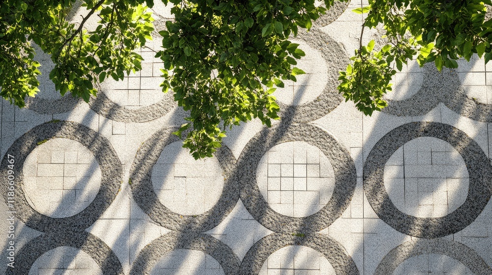 Poster geometric patterns of ellipses and diamonds on pavement with natural tree shade for urban design ins
