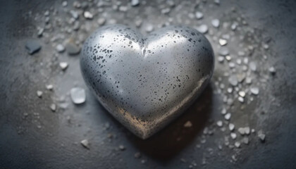 Obraz premium Silver heart-shaped stone on concrete surface.