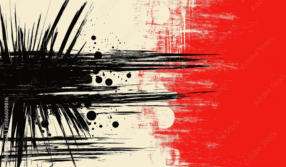 Poster abstract red and black gradient background with textured brush strokes on the left and solid red on 