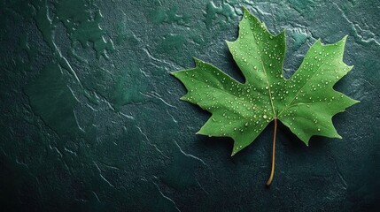 Green leaf adorned with water droplets on a rich dark green textured background emphasizing nature's beauty and freshness.