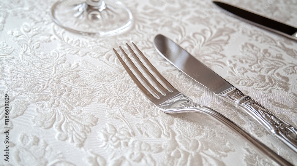 Poster elegant table setting with silver knife and fork on textured damask linen showcasing shallow depth o
