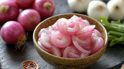 Pickled Silverskin Onions Sliced Pink Onions in Bowl with Fresh Ingredients and Spices on Slate Board