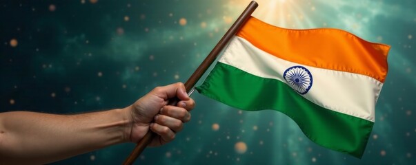 Strong hand holding a staff with an Indian flag, Power, JAI HIND