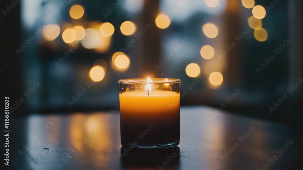 Poster candle casting warm light in a dark room with blurred bokeh background creating a serene and tranqui