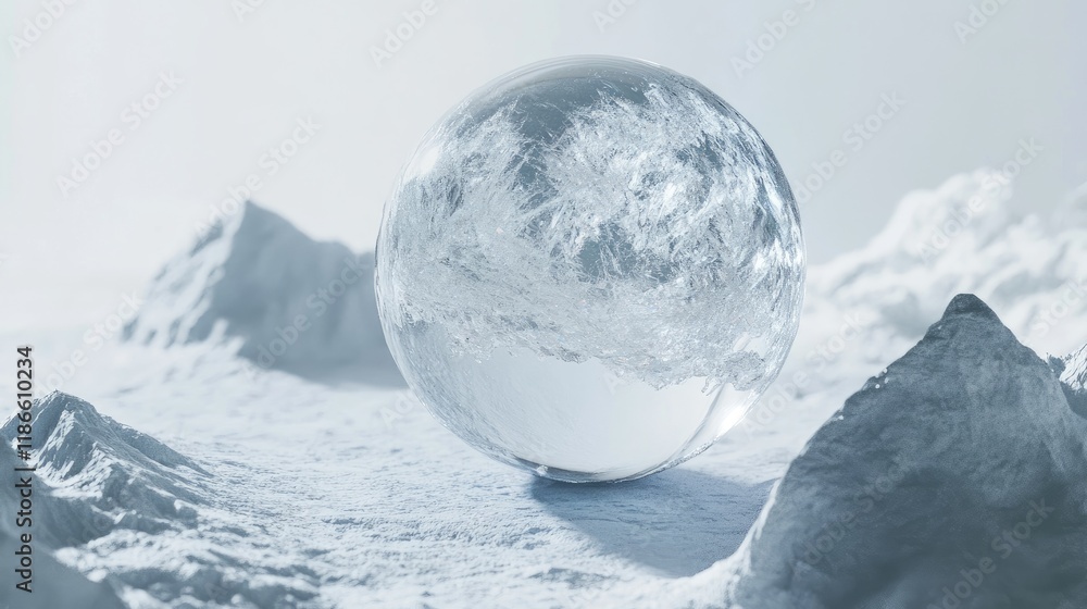 Poster crystal clear sphere on a minimalist studio backdrop with textured white mountains creating a serene