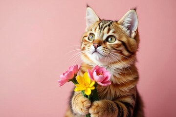 Sweet cat holds a small posy of fresh flowers, looking happy and content, love, bouquet