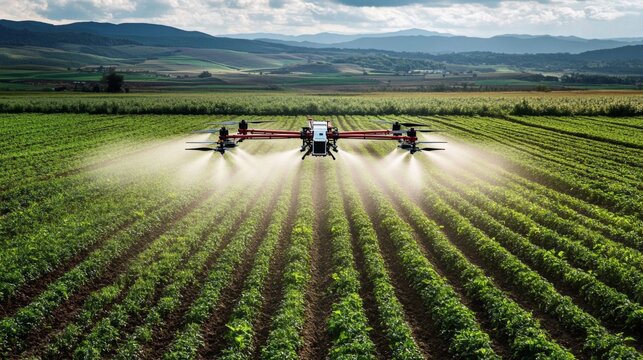 Advanced spraying technology showcased through high-tech drones in agriculture.