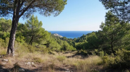 Obraz premium Scenic view of the distant sea framed by lush green trees in a tranquil natural landscape.