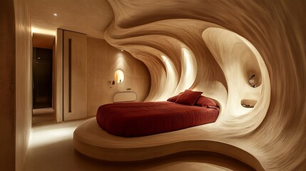 Obraz premium Unique bedroom with curved walls and a sculptural central bed 