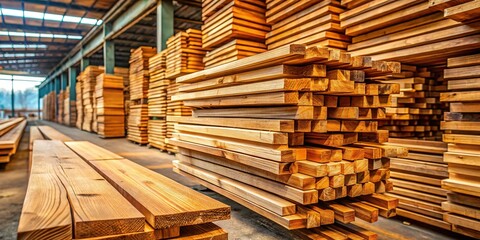 Fototapeta premium Stacked Teak Wood Lumber at Sawmill - Ready for Processing