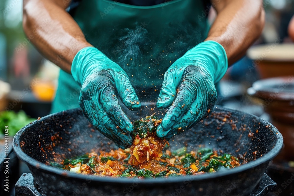 Aufkleber close-up of chef's hands in teal gloves adding ingredients to a sizzling wok filled with vibrant sti
