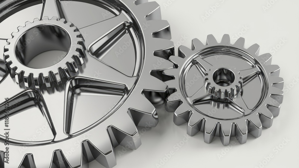 Poster two metallic gears interlock, symbolizing teamwork, precision, and intricate machinery.