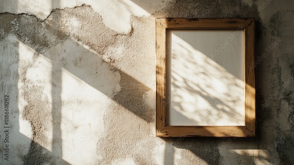 Poster minimalist wooden frame on textured wall illuminated by soft sunlight creating a calming atmosphere 