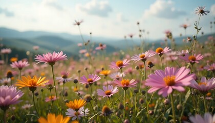 Obraz premium Vibrant Wildflowers in Meadow with Rolling Hills and Clear Sky Generative AI