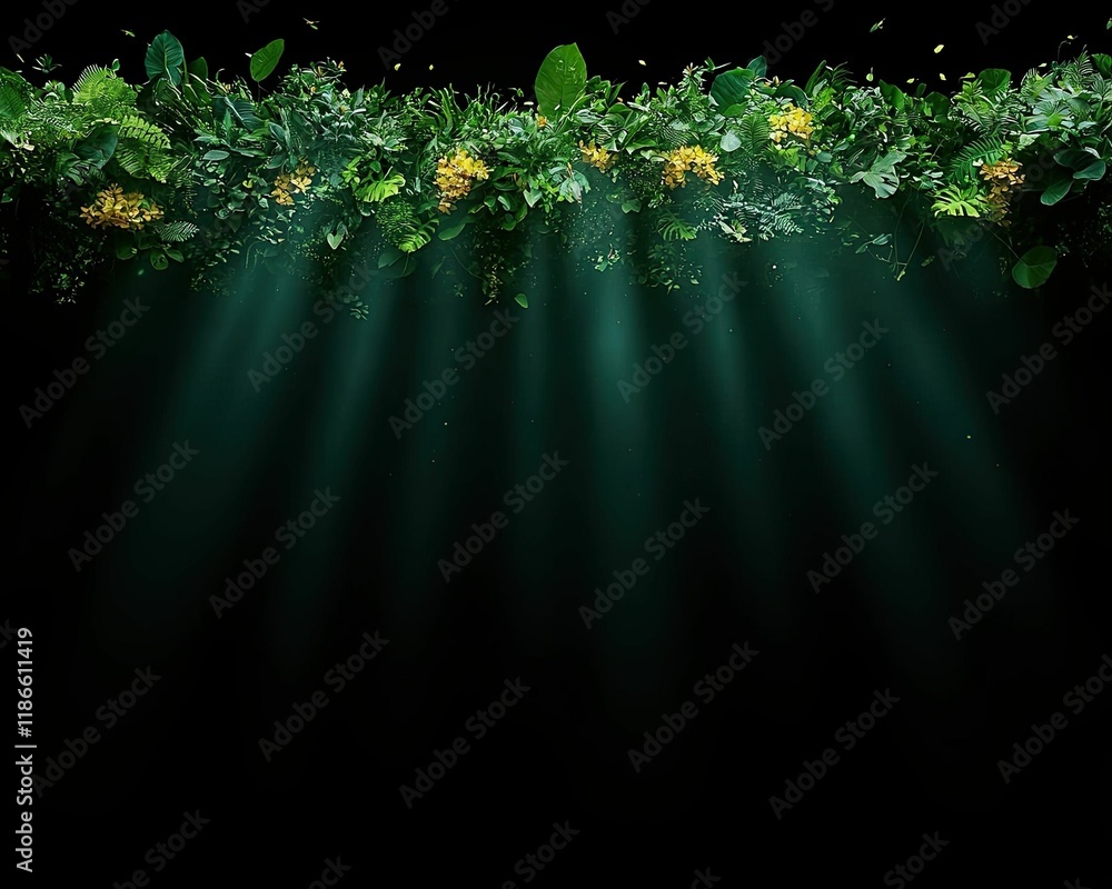 Poster lush greenery with yellow flowers illuminated by soft rays of light against a dark background, creat