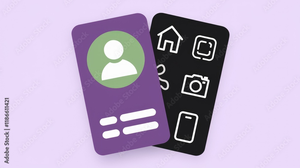 Poster two cards, one purple with a profile icon and form fields, the other black with app icons representi