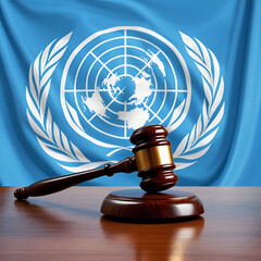 An impactful image featuring the United Nations flag alongside a judge's gavel, symbolizing justice, law, A strong representation of legal authority and regional.