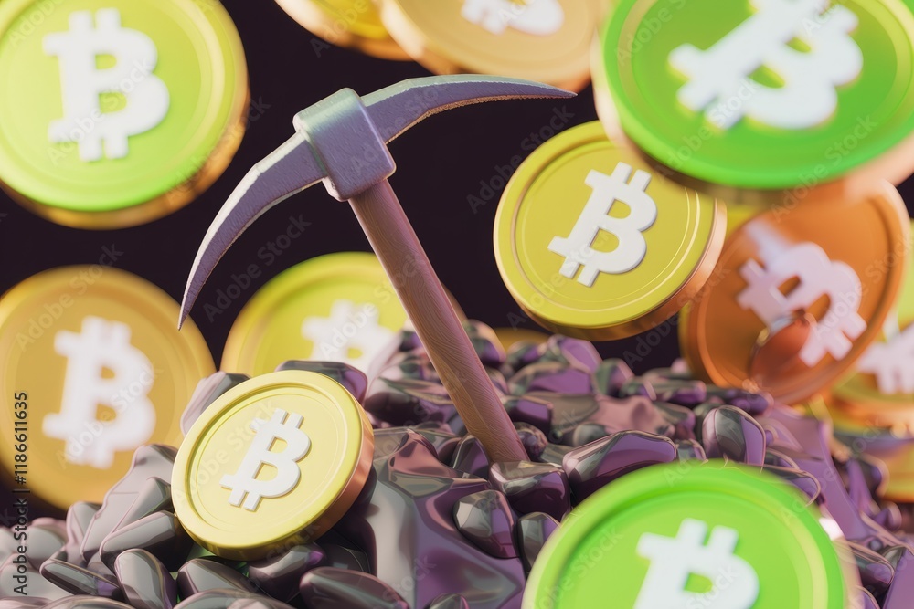 Poster a pickaxe mines bitcoin cryptocurrency from a pile of digital coins, symbolizing the process of bitc