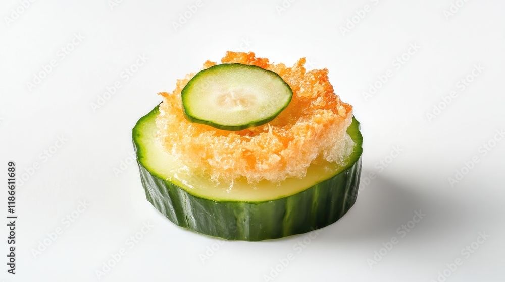 Poster cucumber slice topped with crispy crouton isolated on white background