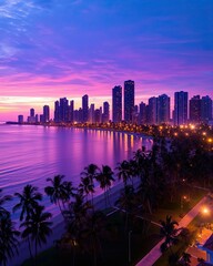 Vibrant sunset over a coastal city skyline, with silhouettes of tall buildings reflecting on the water, framed by palm trees. wallpaper scenic colorful